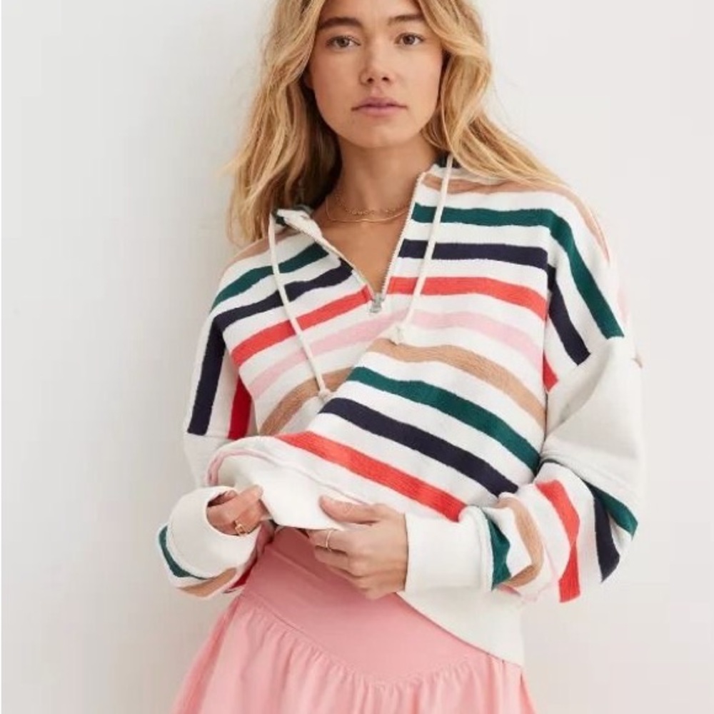 Aerie Restart Quarter Zip Striped Cozy Soft Hoodie